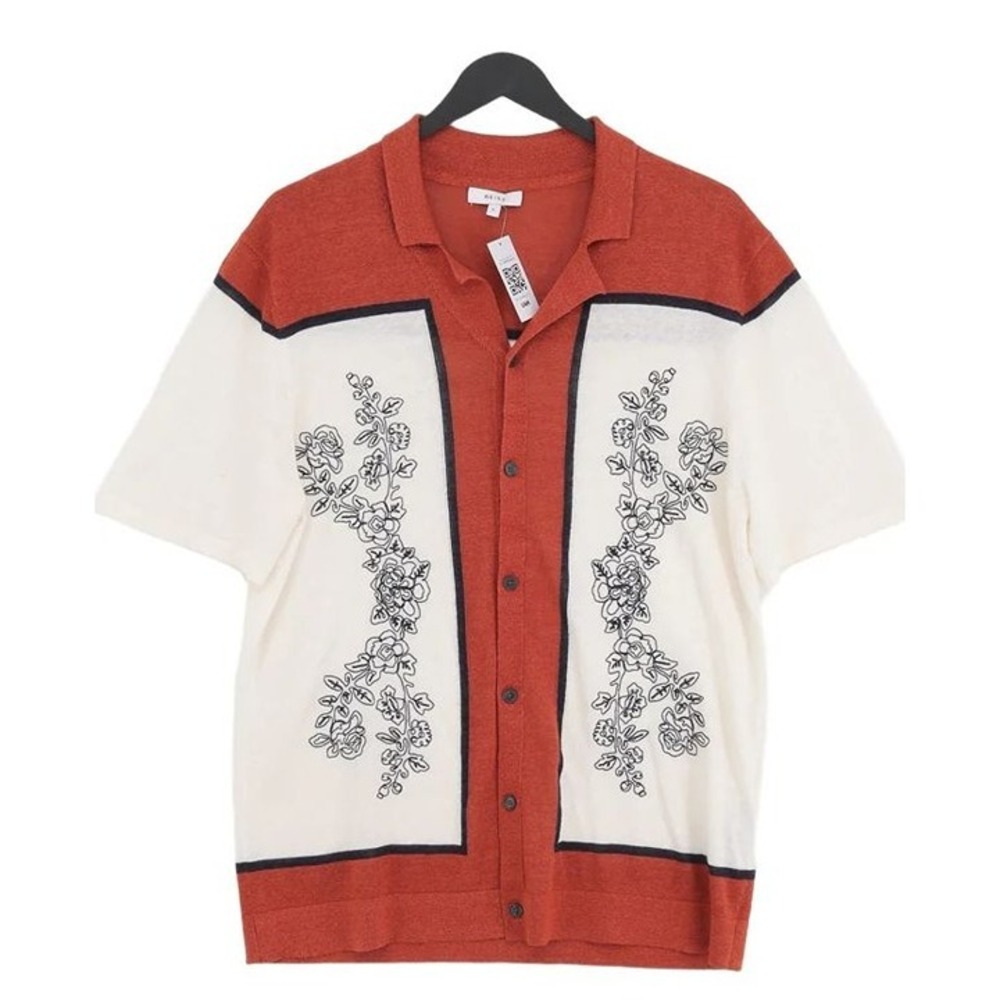 Reiss Bradie Button Down Shirt Women Medium Rust White Floral Embroidered Knit